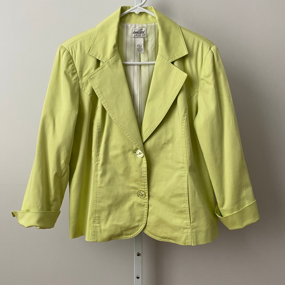 Chico's Cotton Office Siren Academia Lime Green Stretch Blazer Jacket 1 Medium